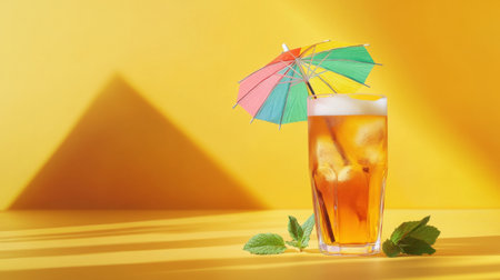 A creative shot of a beer glass with a colorful cocktail umbrella and fresh mint leaves, capturing the essence of summer and refreshmentの素材
