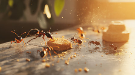 A detailed image of ants crawling on a crumb of food on a kitchen counter, capturing their movement and interaction with the environment.の素材