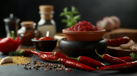 A creative composition of various types of chilies displayed alongside sauces and condiments, showcasing the diversity of flavors used in cookingの素材