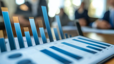 A financial analyst presenting a bar chart on a projector during a business meeting, with audience members focused on the detailed financial data.の素材