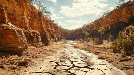 A dramatic view of a dried-up riverbed cracked under the sun, surrounded by parched earth and wilting vegetation, showcasing the impact of prolonged droughtsの素材