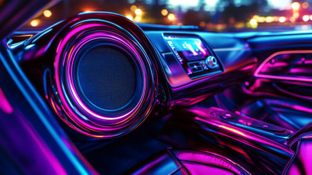 A futuristic, glowing car speaker embedded in the rear seat panel, with neon lighting reflecting off the surrounding interior, set in a high-tech vehicleの素材