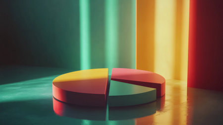 A minimalist D pie chart with segmented pieces floating above a reflective surface, bathed in soft, glowing light to emphasize financial distributionの素材