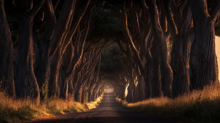 A dramatic perspective of a long street disappearing into the distance, with towering trees illuminated by streetlights, creating a sense of mystery and wonderの素材