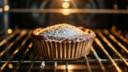 A dramatic shot of a chocolate souffl rising in the oven, with a rich brown color and a dusting of powdered sugar on top, emphasizing its airy textureの素材