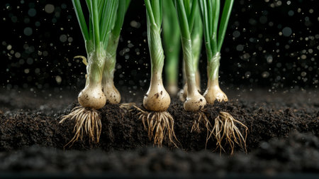 A dramatic shot of shallots being harvested from the soil, with dirt clinging to their roots and green tops, showcasing the farm-to-table conceptの素材