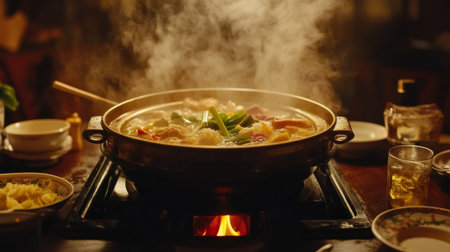 A dynamic shot of a steaming hot pot with a variety of ingredients simmering, set in a cozy dining room with traditional Asian tableware and ambient lighting.の素材
