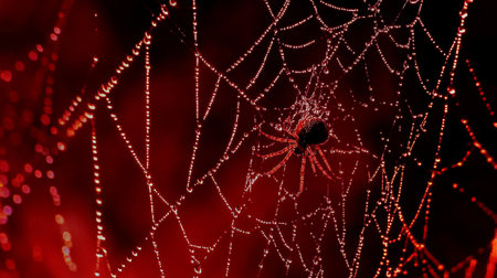 A macro view of a spider weaving its web in the early morning light, with dew droplets clinging to the silk threads, creating a mesmerizing sceneの素材