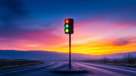A low-angle shot of a traffic light against a vibrant sunset sky, with the light casting long shadows on the ground, creating a dramatic and colorful sceneの素材