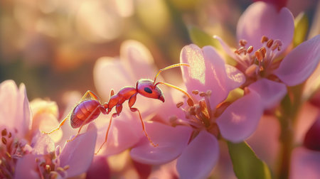 A macro shot of an ant navigating through a small flower, emphasizing its delicate features and the beauty of the natural surroundingsの素材