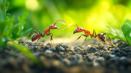 A macro shot of ants on a garden path, with visible details of their legs and bodies, surrounded by small pebbles and soil.の素材