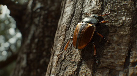 A detailed view of a beetle crawling on a tree bark, highlighting its shiny shell and the rough texture of the wood in the backgroundの素材