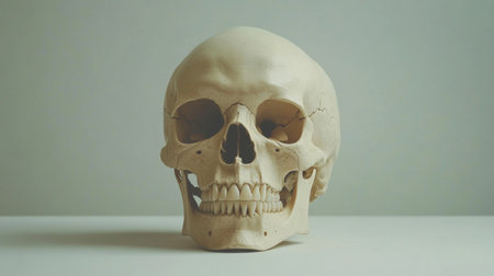 A detailed view of the human skull and jawbone, with visible teeth and nasal cavity, presented in a clean, minimalistic spaceの素材
