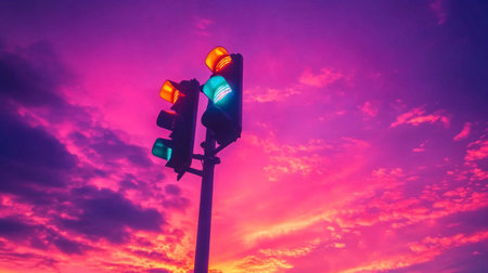 A low-angle shot of a traffic light against a vibrant sunset sky, with the light casting long shadows on the ground, creating a dramatic and colorful sceneの素材