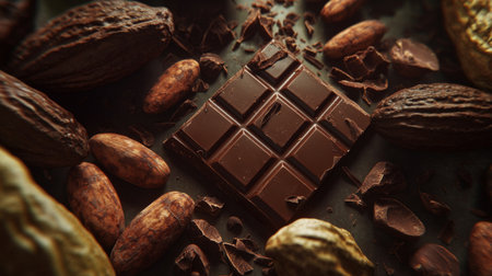 A high-angle view of a chocolate bar broken into pieces, with whole cocoa beans and cocoa pods artfully placed around it for contrastの素材