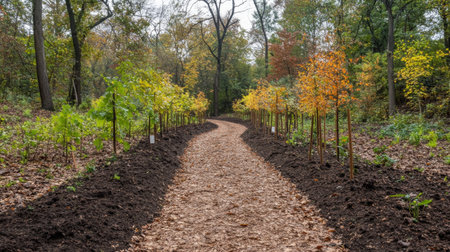 A forest path lined with young saplings, freshly planted in orderly rows, highlighting the harmony of human intervention in natural restorationの素材