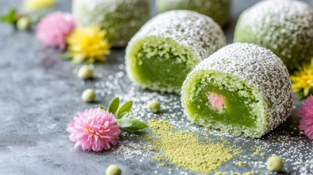 A high-angle view of a sliced daifuku revealing its vibrant filling, surrounded by scattered matcha powder and edible flowers for an elegant touchの素材