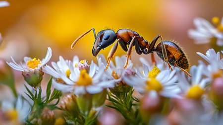A macro shot of an ant navigating through a small flower, emphasizing its delicate features and the beauty of the natural surroundingsの素材