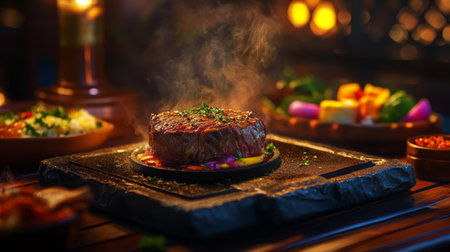A high-resolution image of a sizzling steak on a hot stone plate, surrounded by colorful side dishes and garnished with herbs and spices, in a stylish restaurant.の素材