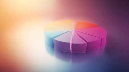 A minimalist D pie chart with segmented pieces floating above a reflective surface, bathed in soft, glowing light to emphasize financial distributionの素材