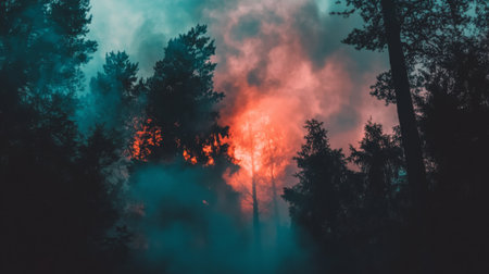 A forest engulfed in flames, with billowing smoke rising into the sky, representing the increasing frequency of wildfires due to global warmingの素材