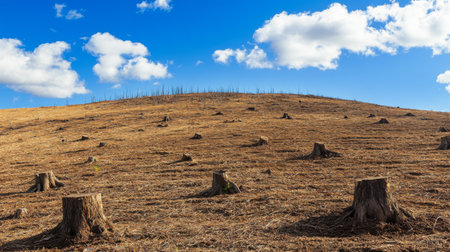 A deforested hillside with barren, dry soil and a few remaining stumps, showing the environmental degradation linked to global warmingの素材