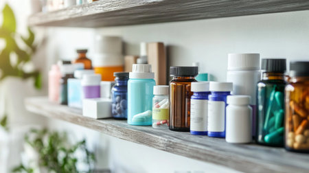 A dynamic shot of a home medicine shelf with various health products, capturing the essence of preparedness and care in a household settingの素材