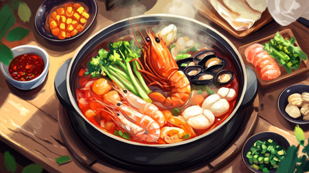 A high-resolution image of a traditional hot pot meal with a sizzling broth, fresh seafood, and vegetables, with dipping sauces and garnishes on the side.の素材