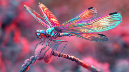 A striking macro shot of a dragonfly perched on a twig, showcasing its iridescent wings and vibrant colors against a soft-focus natural backgroundの素材