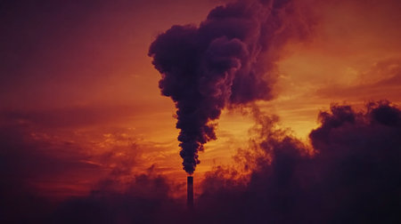 Black smoke slowly dispersing into the atmosphere from a factory stack, mixing with a dramatic sunset sky filled with deep orange and purple huesの素材