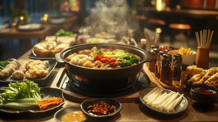 A hot pot meal being enjoyed at a family gathering, with steam rising from the pot, and plates of fresh ingredients and dipping sauces laid out on the table.の素材