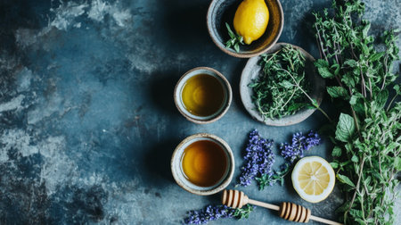 A striking image of a kitchen counter with a selection of household remedies, including herbal teas, honey, and lemon, highlighting natural healing ingredientsの素材