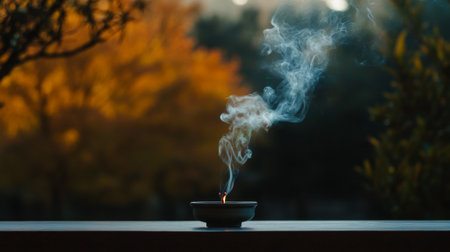 A shot of white smoke rising from a burning incense stick, with the thin line of smoke creating elegant curves against a dark, blurred backgroundの素材