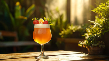 A striking shot of a beer glass filled with a bright, fruity beer, topped with fresh fruit slices, set against a sunlit patio with greenery in the backgroundの素材
