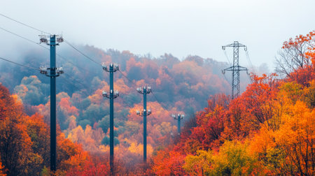 A striking image of electricity poles against a backdrop of colorful autumn leaves, highlighting the contrast of metal and nature during fallの素材
