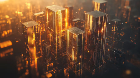 A set of metallic D bars in a financial chart rising steadily in height, with a dark, futuristic background and glowing digital data points floating aroundの素材