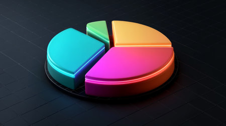 A futuristic D pie chart with floating segments, each glowing with neon lights, set against a dark grid background, representing financial data visualizationの素材