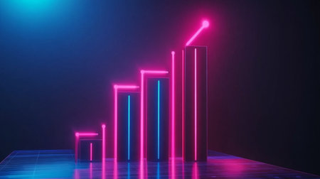 A set of glossy D bars rising dramatically from a financial dashboard, with neon highlights and subtle lighting effects to convey financial growthの素材