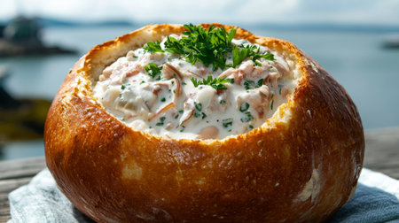 A rich and creamy bowl of clam chowder served in a sourdough bread bowl, garnished with fresh parsley, set against a seaside backgroundの素材
