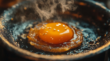 An artistic close-up of a perfectly cooked  with the yolk still runny, served in a traditional Thai pan, with a focus on the texture and rich colors.の素材