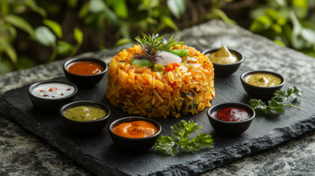 An artistic presentation of curry fried rice on a slate platter, surrounded by small bowls of accompanying sauces and condiments, perfect for a gourmet touch.の素材