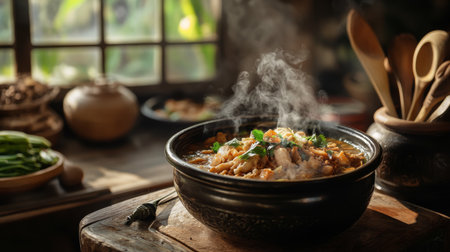 An artistic shot of a steaming bowl of  placed on a rustic wooden table, with a background of Thai kitchen utensils and ingredients for a cozy, authentic feel.の素材