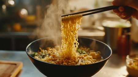 A dynamic shot of a person enjoying a bowl of instant noodles with chopsticks, with a focus on the noodles being lifted from the bowl and a background of kitchen setting.の素材
