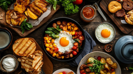 An overhead view of a breakfast spread featuring , with a focus on the small pan and its delicious contents, surrounded by additional Thai breakfast dishes.の素材