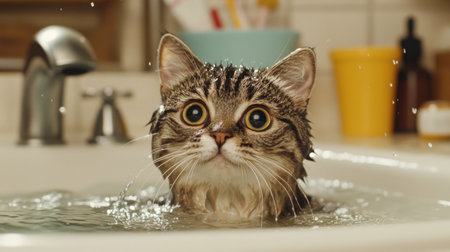 A close-up of a cat sitting in a shallow bath with gentle water splashing around, showing its curious expression and wet fur in a cozy bathroom setting.の素材