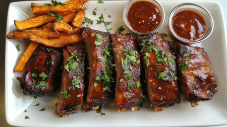 An overhead view of a plate of tender, fall-off-the-bone pork ribs, garnished with fresh herbs and served with a side of sweet potato fries and dipping sauce.の素材