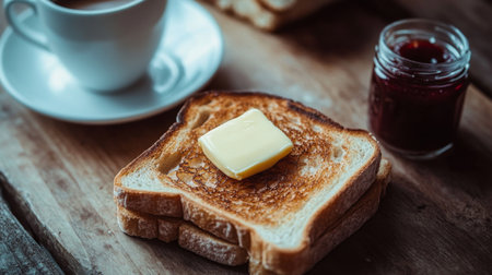 A close-up of perfectly golden toast with butter melting on top, placed on a rustic wooden table alongside a cup of coffee and a small jar of jam.の素材