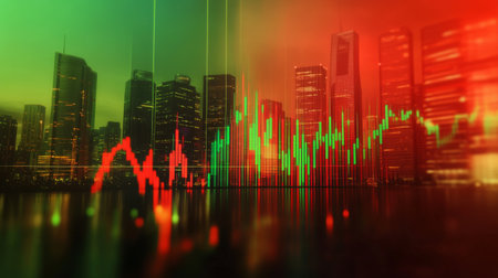 An image of a stock chart with a red and green color scheme indicating market fluctuations, with a blurred background of a city skyline and financial district.の素材