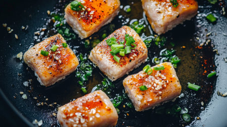 An overhead view of sausages in a frying pan, with a focus on their crisp, golden exterior and the surrounding cooking oil and spices.の素材