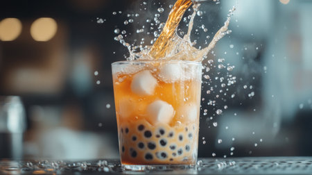 A dynamic shot of a bubble tea being poured from a shaker into a glass, with tapioca pearls and ice cubes visible, and droplets of tea splashing.の素材